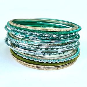 Mixed Bundle of Thin Metal Bangles in Green and Gold Tones